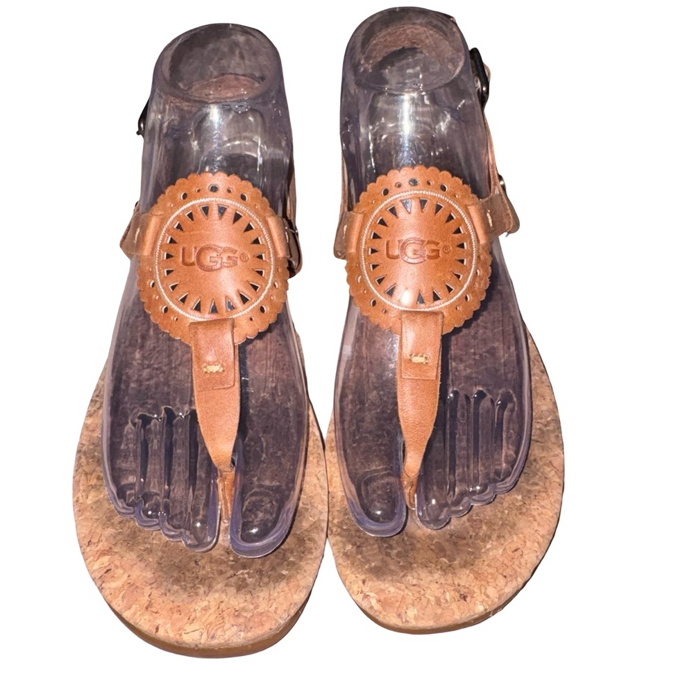 UGG Ayden Leather Medallion Thong Sandals Cork Footbed Boho Comfort Sandals - Picture 2 of 7
